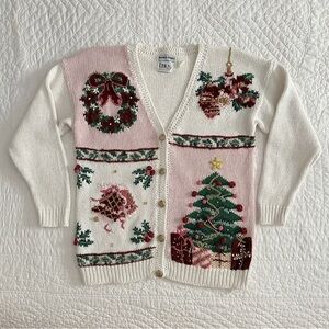 Vintage 90s Erika Petites Hand Knit Christmas Holiday Cardigan Sweater